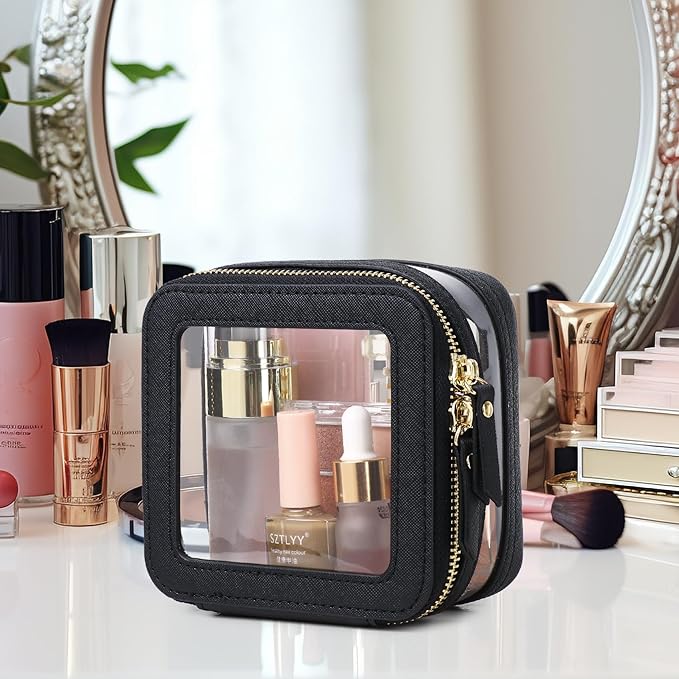 Pinkmik Travel Makeup Bag Set Portable Clear Cosmetic & Toiletry Case Women's Purse Organizer and Car Essentials with Zipper (Black, M+MINI-2)
