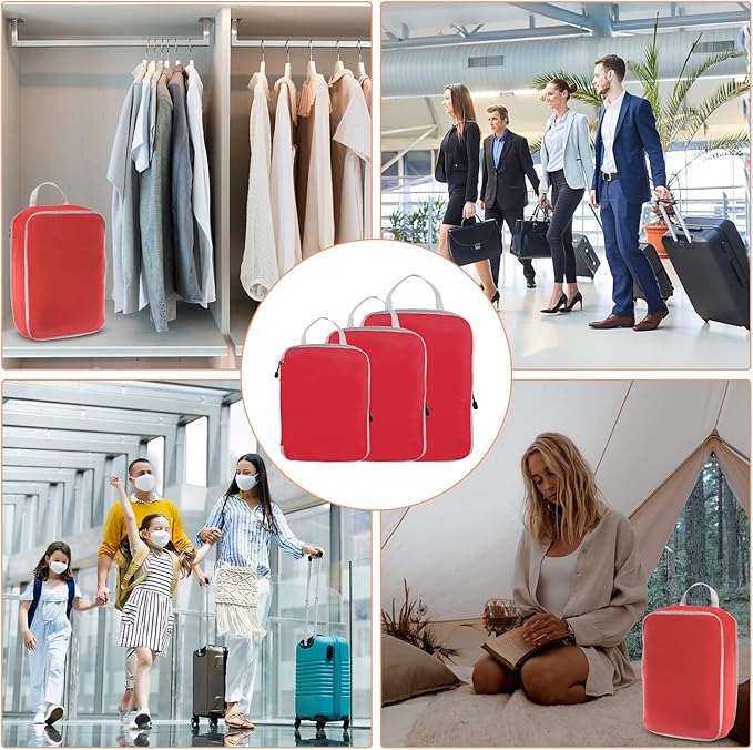 PATIKIL Compression Packing Cube for Travel, 3 Set Waterproof Nylon Luggage Organizer Bags Lightweight Compression Cube for Outdoor Suitcases Backpack, Red