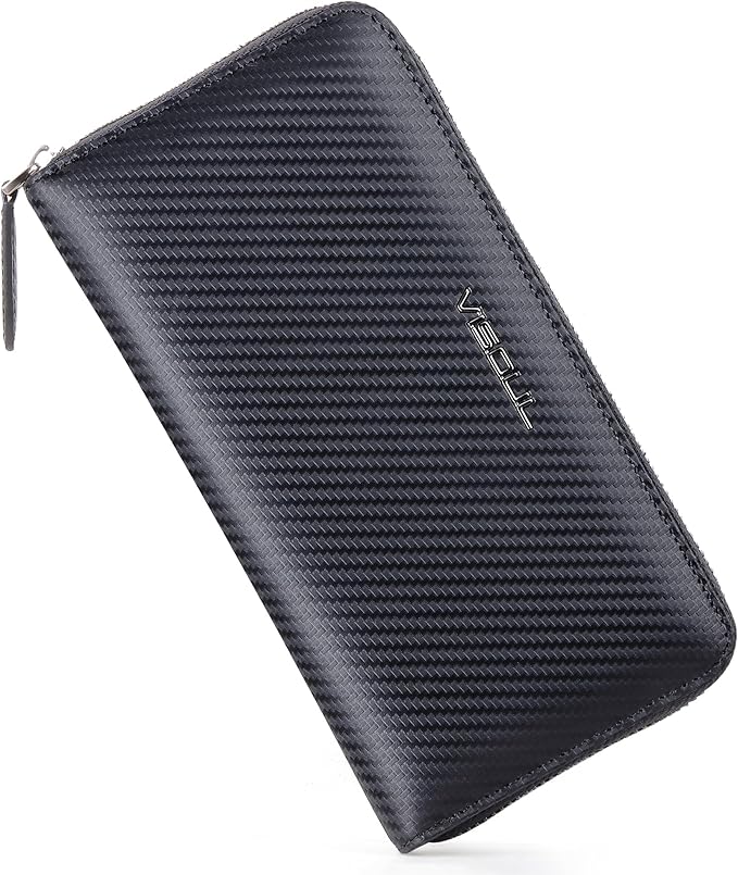 VISOUL Leather Long Zipper Pouch Wallet for Men and Women with RFID Blocking, Large Clutch Cash Long Wallet with Zipper (Carbon Fiber, Green)