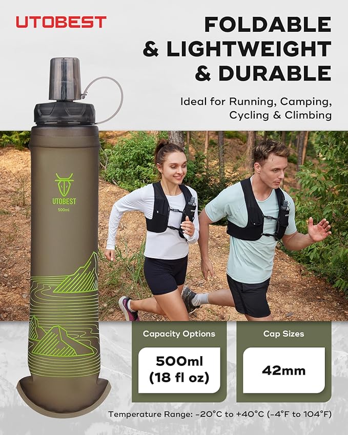 500ml Soft Flask, 2 Pack Flexible TPU Hydration Water Bottle, Collapsible with 42mm Caliber for Running, Hiking, Cycling, Climbing, and Marathon Green