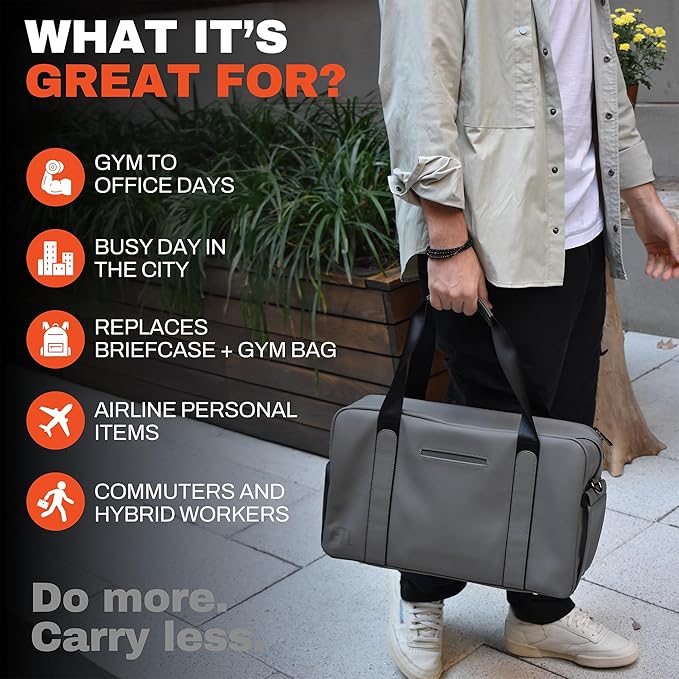 The FTL Lite Mens Gym to Office Bag - 17L Briefcase Gym Bag Hybrid with Shoe Compartment & 16" Laptop Sleeve - Executive Daily Carry & Overnight Duffel for Athletic Business Pros - Gray