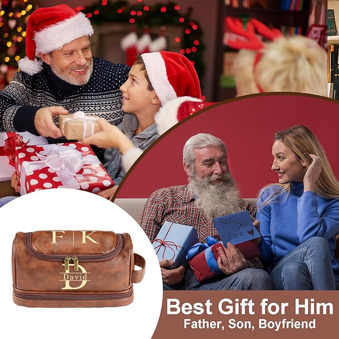 Personalized Toiletry Bag for Men, Gifts for Men, Custom Leather Mens Toiletries Travel Kit, Customize Shaving Bags, Men's Gift Ideas for Christmas, Anniversary, Birthday, Dad, Grandpa, Lover
