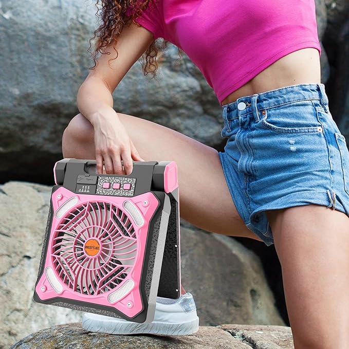 Solar Fan Battery Powered Rechargeable Solar Camping Fan with Led Lantern & Power Bank Foldable Angle USB Personal Fans for Travel Outdoor Camping Tents X98 Pink