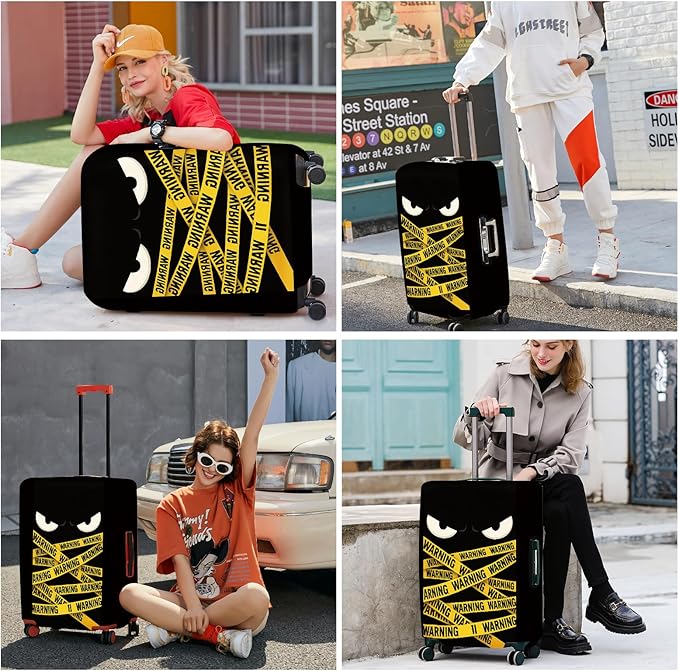 ANNA QUEEN Warning Tape Luggage Cover, Funny Eyes and Yellow Tape Design Suitcase Protector, Stretchable Washable Travel Sleeve for 32-34 Inch Luggage