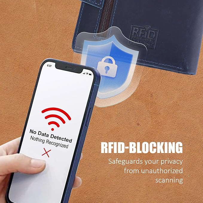 STAR VISTA Carmen Leather Passport Wallet, Dual Bifold Cash Pockets, RFID Blocking, ID Window, 6 Card Slots, Coin Pocket, SIM Slots, AirTag Slots, Navy Blue