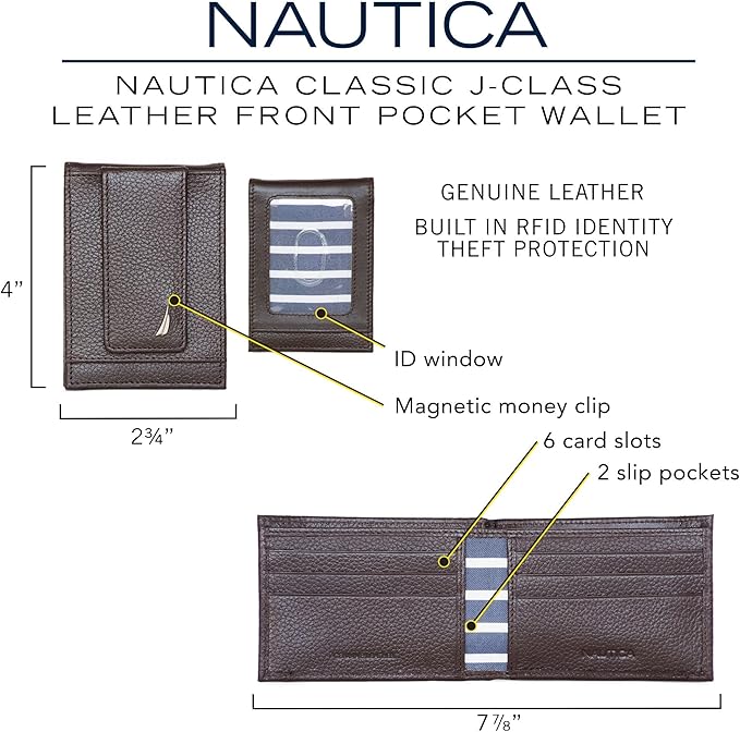 Nautica Men's Slim Wallet | Card Case | RFID Blocking | ID Window | Minimalist | Lightweight | Genuine Leather