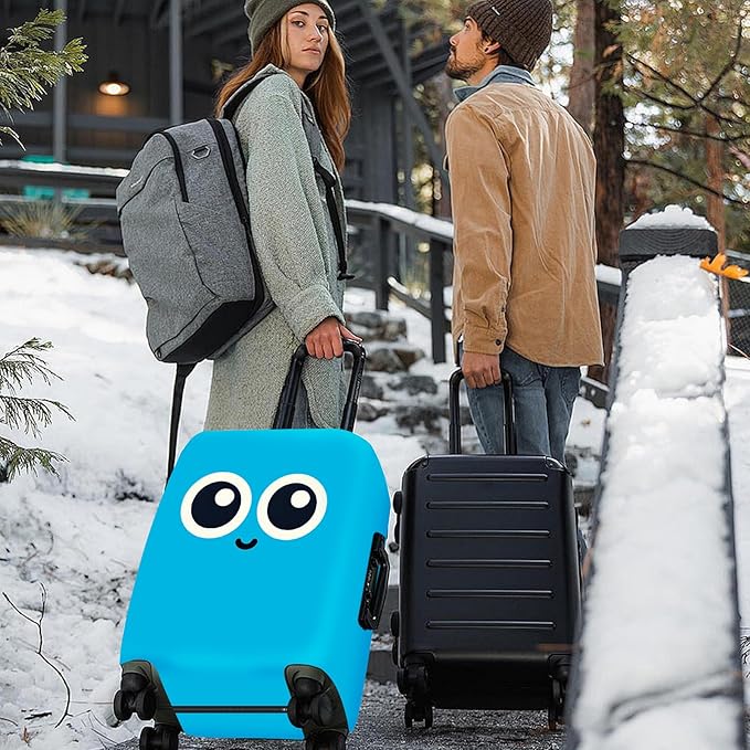 ANNA QUEEN Cute Smiley Face Luggage Cover, Light Blue Cartoon Suitcase Protector with Big Eyes Design, Stretchable, Washable Travel Cover for 24-26 Inch Luggage