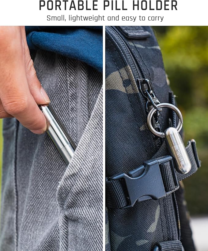 TISUR Micro Keychain Pill Holder, Titanium Pill Case Waterproof Pill Container, Portable Tiny Pill Organizer for Travel Purse Pocket