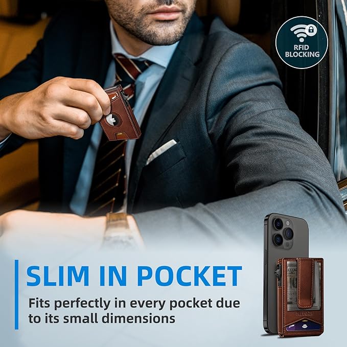 Airtag Wallet for Men,with Money Clip Gift Boxed,Slim Front Pocket Wallet RFID Blocking Metal Case Smart Pop-up Credit Card Holder in Magnetic Leather Flip