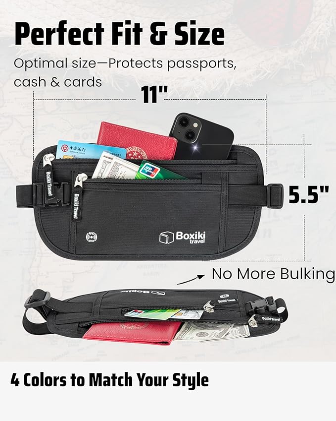 Money Belt for Travel with RFID Blocking Technology - Hidden Travel Money Pouch for Cash, Credit Cards, Passport, and Travel Valuables - Secure Water Resistant Money Belt for Men and Women - Black