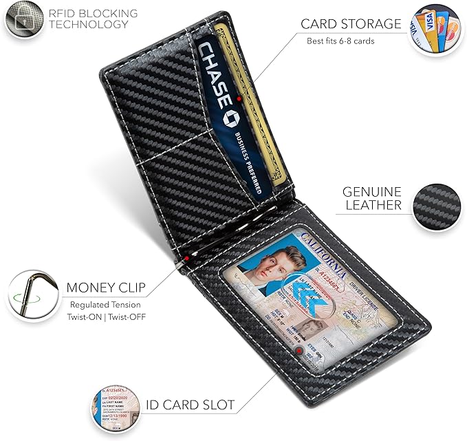 SERMAN BRANDS AirTag Wallet - RFID Blocking Mens Minimalist Money Clip Wallet for Airtag - Full Grain Leather - Slim Bifold. Front Pocket for Air tag Wallets for men. Gift (Carbon Air)