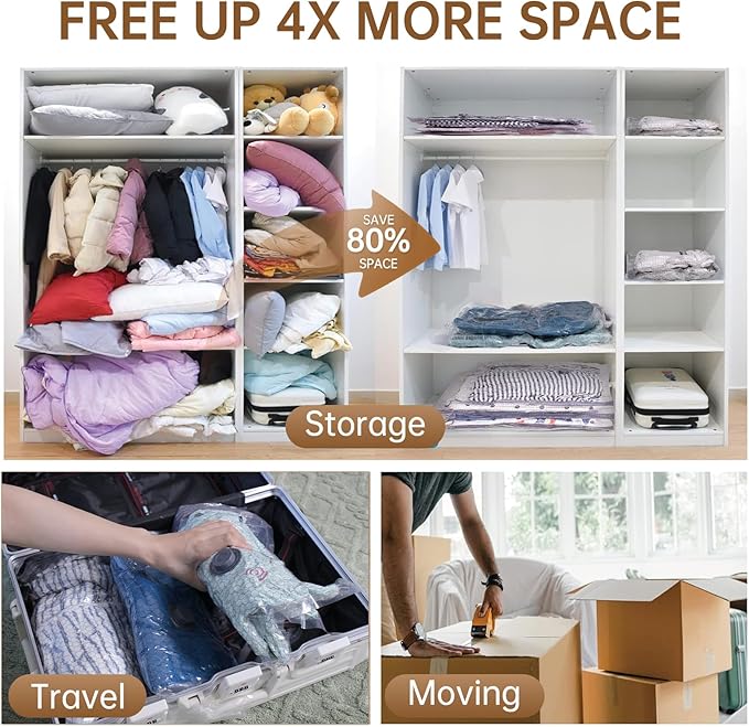 Vacuum Bags for Travel with Wireless Rechargeable Pump, 12 Pack Carry-on Size Compression Packing Seal Bags for Luggage and Suitcase, Space Saver Vacuum Storage Bags for Clothes and Clothing Travel 