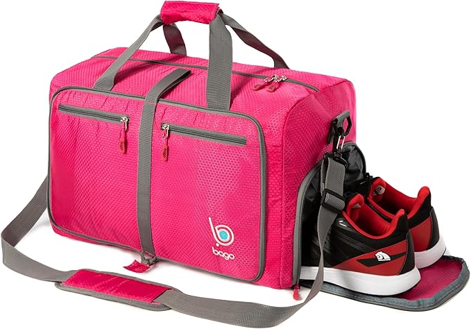 Bago Foldable Duffel Bags for Traveling Women & Men - 40L Sports Packable Duffle Bag for Travel with Shoe Compartment - Water Repellant, Heavy Duty, Lightweight Folding & Collapsible (SnowPink)