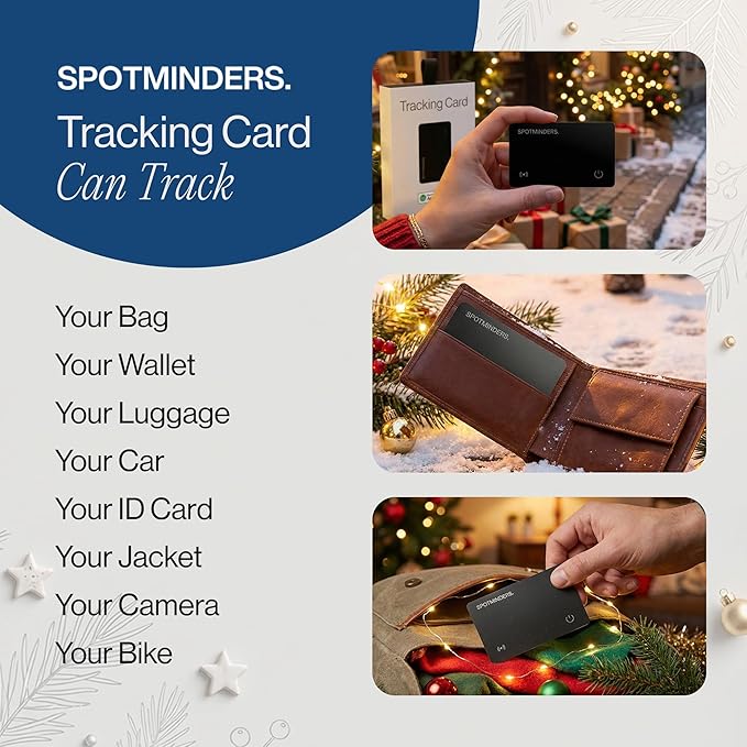 SPOTMINDERS Apple MFi Certified Wallet Tracker for Christmas Stocking Stuffers for Men Gifts for Women Works With Apple Find My Rechargeable 0.07in Slim Tracking Card - White Elephant Gifts for Adults