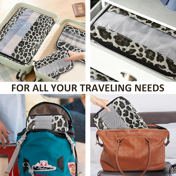 U+U 5 Set Packing Cubes for Travel Essentials Ultralight Luggage Packing Organizers with Laundry Bag and Shoe Bag for Vacation, Business Trip and Camping (Leopard)