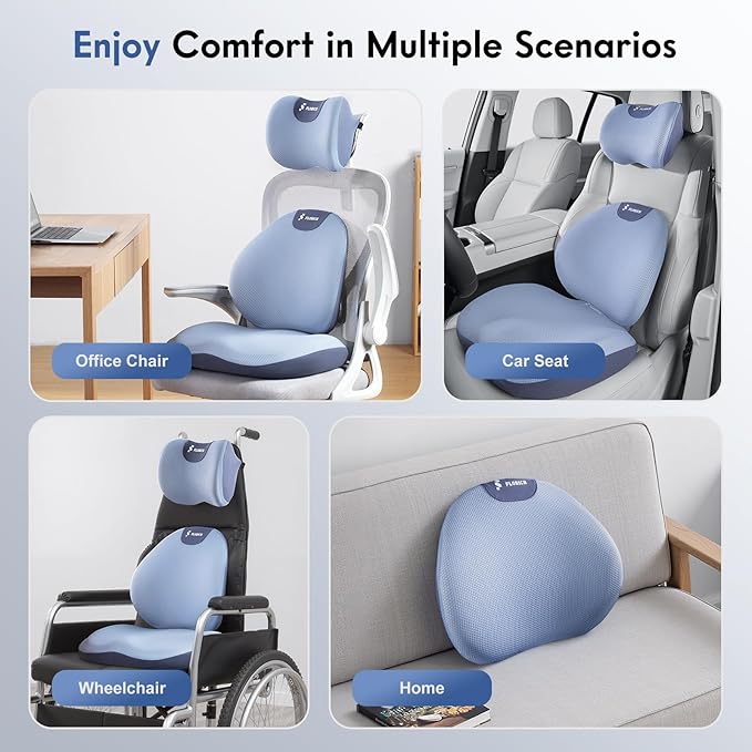 FLORICH Seat Cushion and Lumbar Support Pillow for Office Chair Car, Car Neck Pillow, Ergonomic Memory Foam Back Support for Office Gaming Chair Wheelchair, Relieves Neck, Back & Sciatica Pain – Blue