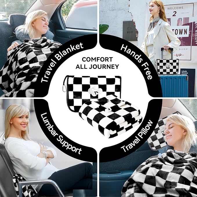 Travel Blanket and Pillow Compact, Premium Soft 2 in 1 Airplane Blanket with Soft Bag Pillowcase,Hand Luggage Sleeve and Backpack Clip (Checkered Black)