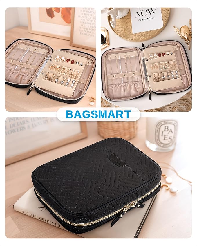BAGSMART Jewelry Travel Organizer Case for Home Jewelry Organizer Storage Ring Binder Clear Bags Zipper Rolls Pouch for Necklaces, Earrings, Rings, Bracelets, Black
