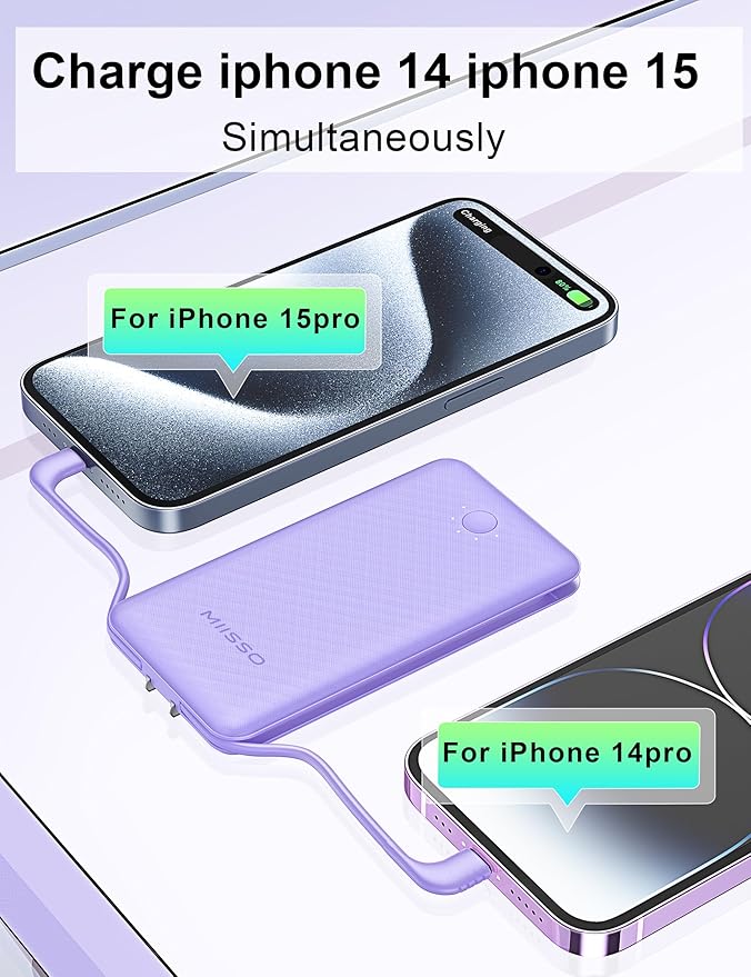 miisso Ultra Slim 10000mAh Power Bank Built-in Cables and Foldable AC Wall Plug, Pocket Size USB C Portable Charger, External Battery Pack Compatible with iPhone Samsung, 2 Pack Purple & Blue