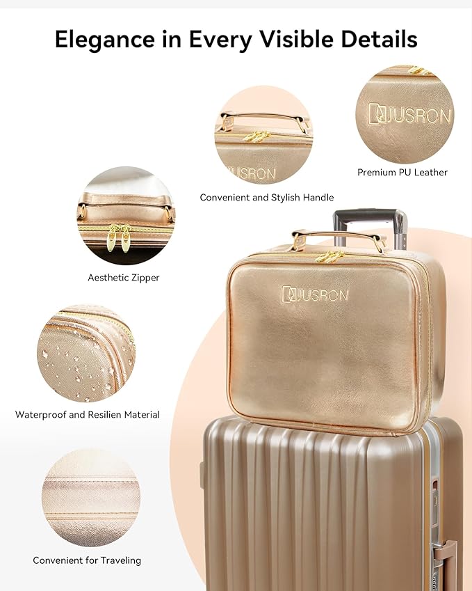 JUSRON Travel Makeup Bag With LED Mirror, Cosmetic Train Case with Light up Mirror, Portable Makeup Artist Organizer Bag with Adjustable Dividers, Makeup Brush Holder Storage (Rose Gold, Large)