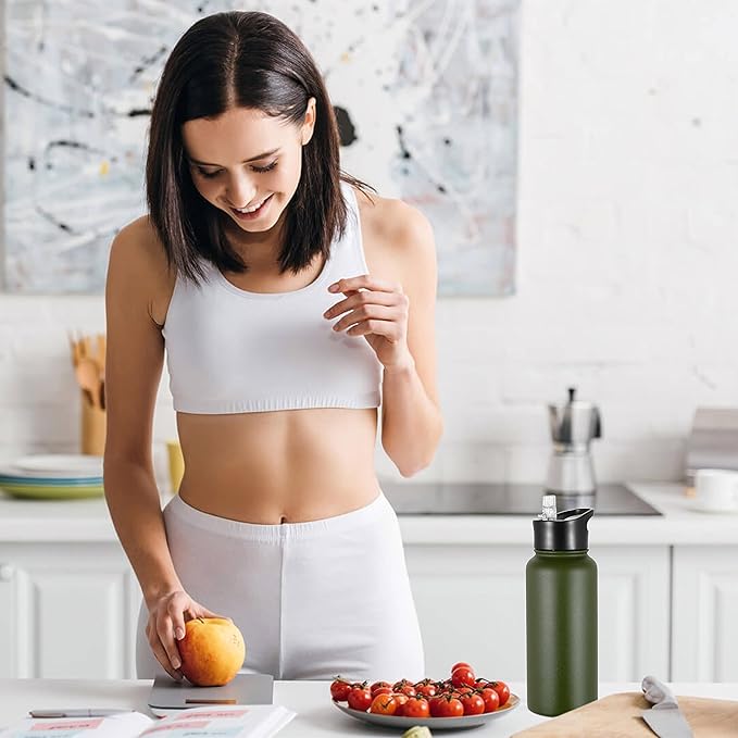 VEGOND 32 oz Insulated Water Bottle Bulk Stainless Steel Metal Water Bottles with Leak Proof Straw Lid & Spout Lid, Wide Mouth Double Walled Vacuum Travel Sports Bottle, 8 Pack