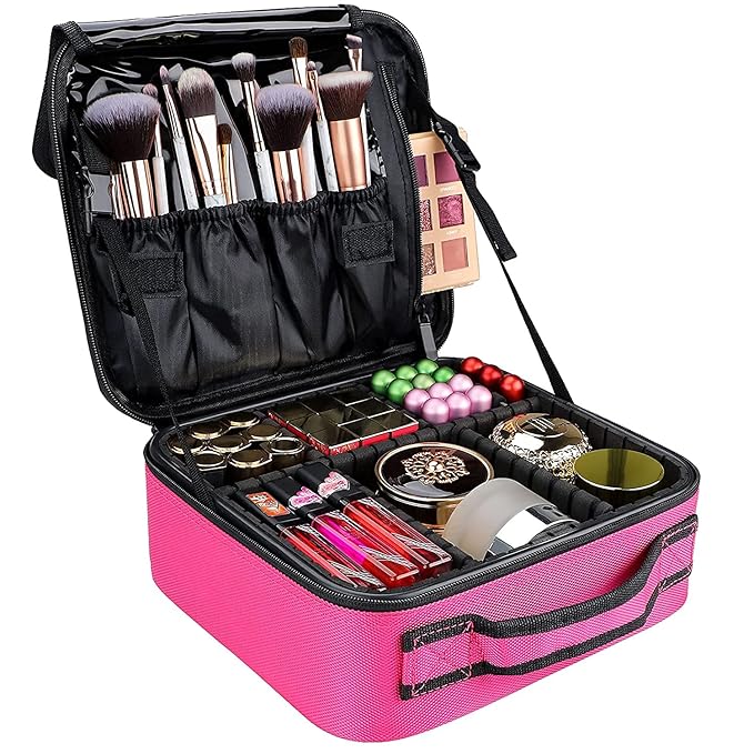 gzcz Travel Makeup Bag,Portable Makeup Case for Women,Professional Cosmetic Train Case Organizer Artist Storage Bag With Adjustable Dividers Brushes Toiletry Jewelry Digital Accessories