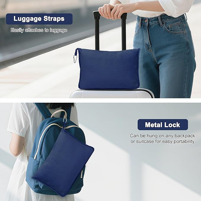 2-in-1 Convertible Travel Blanket & Pillow-Ultra Soft, Compact & Packable with Hand Luggage Sleeve and Backpack Clip for Flight & Car,Navy Blue