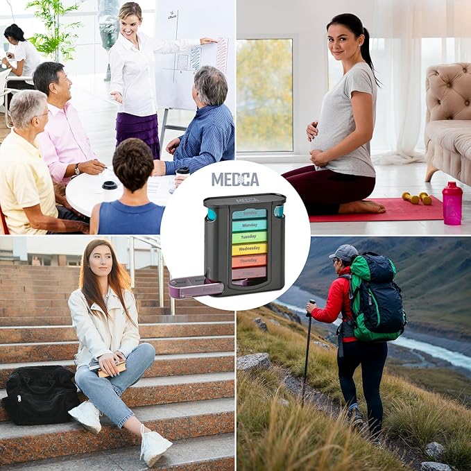 Weekly Pill Organizer, 1 Dispenser, 7 Stackable Compartments Four Times-a-Day - Morning, Noon, Evening, and Bedtime, Black