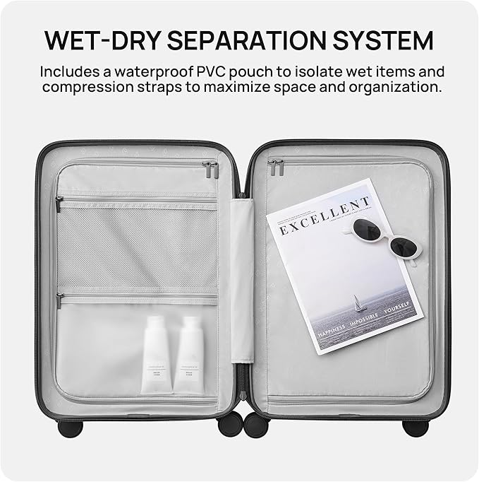 NINETYGO Carry On Luggage 22x14x9 Airline Approved, 20 Inch Luggage with Smooth Spinner Wheels, Lightweight, Hard Shell PC Suitcase Carry-On, Travel Luggage, TSA Approved (Black, Rhine Basic2.0)