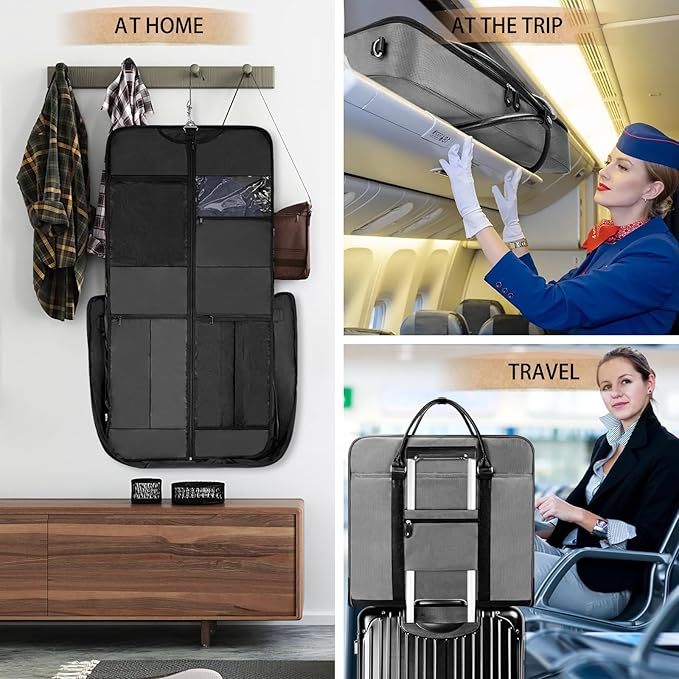 Garment Bag Travel Large Leather Carry On Suit Bag with Strap for Business Hanging Suitcase Luggage Bags for Men Women (Grey)