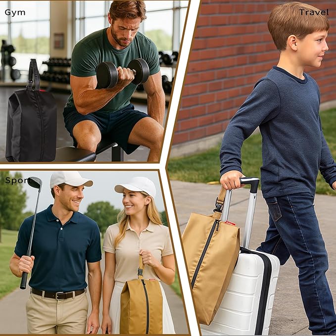 4Pack Travel Shoe Bags for Packing in Suitcase - Cleat Bags for Sports Smell Proof with Snap and Zipper, Waterproof Dustproof Shoe Pouch for Golf Soccer Gym Sports Travel (Black+Khaki)