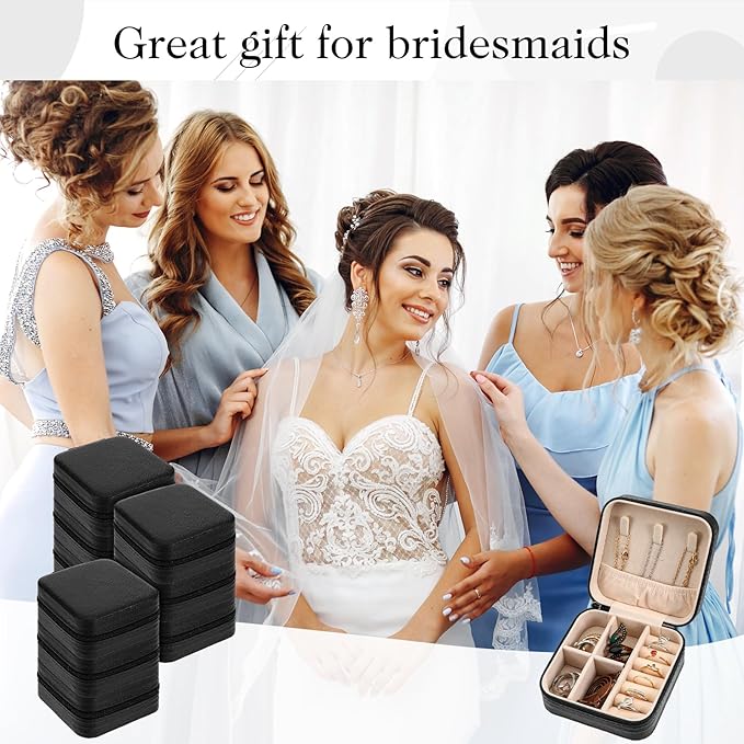 MAQUITA 12 Pcs Mini Travel Jewelry Case Bridesmaid Proposal Gift Boxes Small Jewelry Organizer PU Leather Earring Organizer Box Bulk Travel Accessories Portable Travel Jewelry Holder, Black