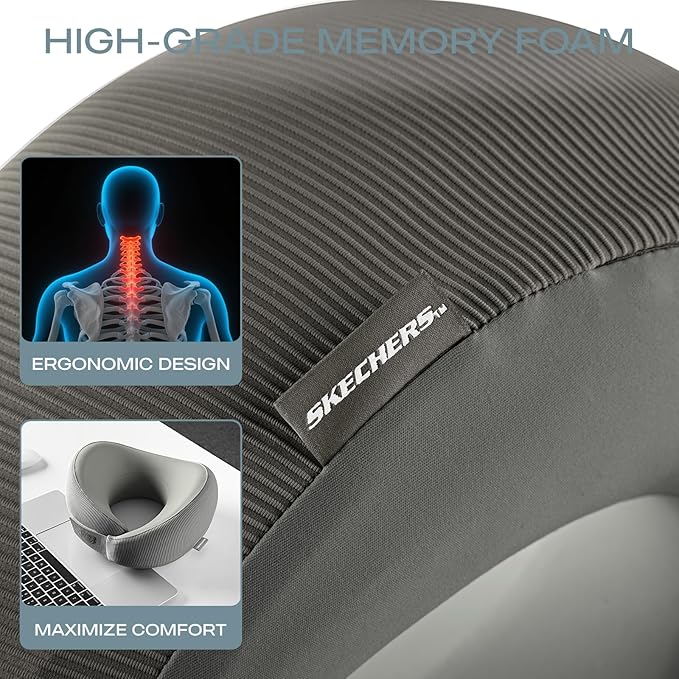 Skechers Men's Memory Foam Neck Pillow, Comfortable & Breathable Travel Pillow,Neck Pillow Airplane for Travel, Car Rides, Home, and Office Use, Ergonomic Design for Men and Women,Grey