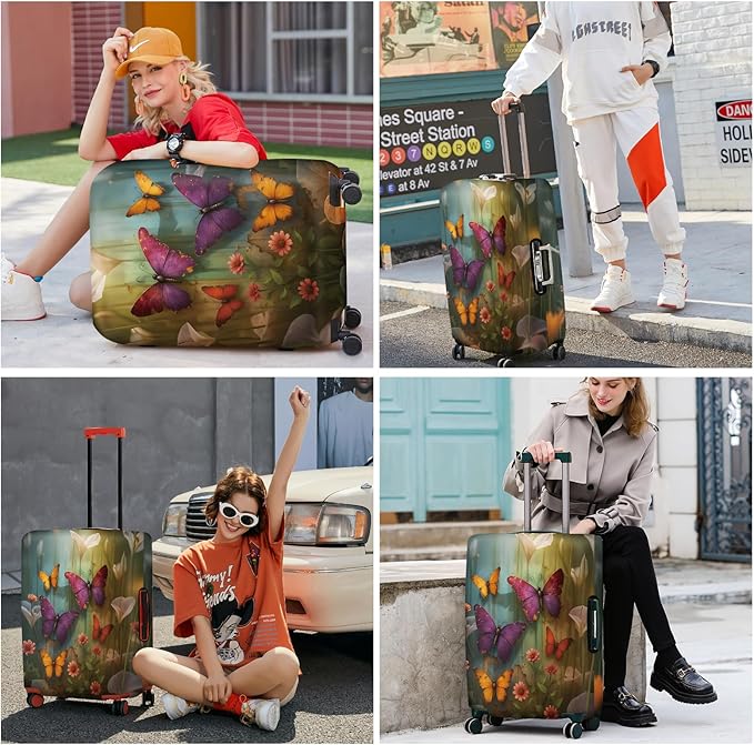 ANNA QUEEN Butterfly Garden Luggage Cover, Colorful Butterfly and Flower Suitcase Protector, Stretchable Washable Travel Sleeve for 28-30 Inch Luggage