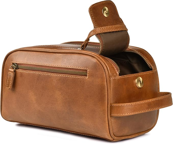 LEATHER VILLAGE Premium Leather Toiletry Travel Pouch With Waterproof Lining - Sun Tan | King-Size Handcrafted Vintage Dopp Kit Bag, Shaving & Bathroom Organizer, Gift for Men & Women