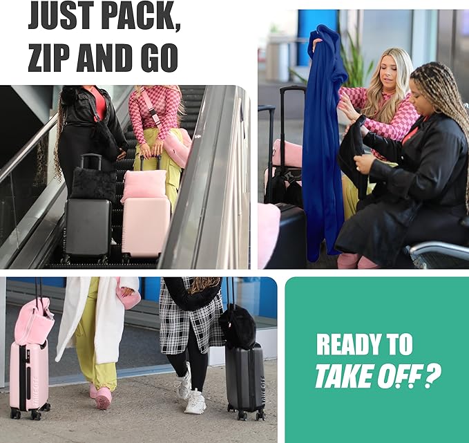 TAKE Off Travel Pillow and Blanket Set with Water Bottle Pockets and Zippered Storage for Travel Essentials – Compact Fleece Throw in a Soft Pillow Case with Luggage Sleeve. Fits 3 Days of Clothes