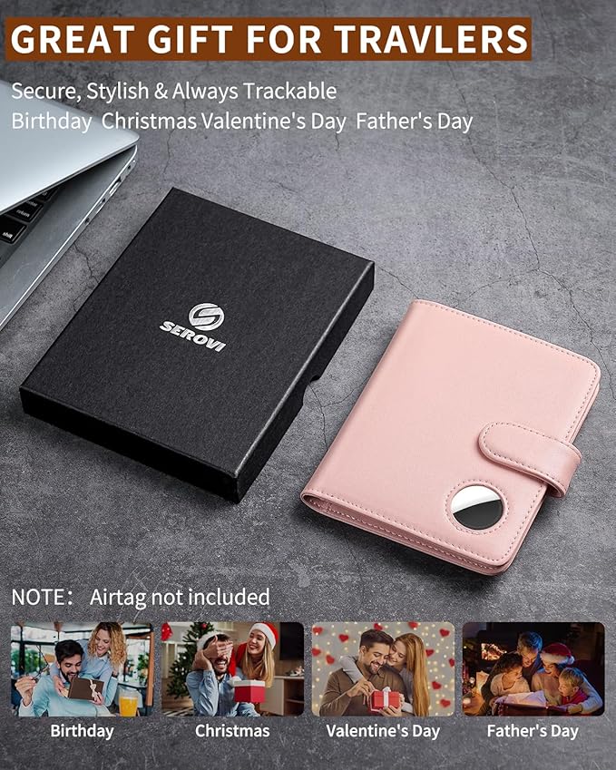 Passport Holder for Travel with AirTag Holder- Leather RFID Blocking Travel accessories with 5 Cards Slot&1ID Window,Magnetic Closure,Gift Box(Air Tag Not Included)