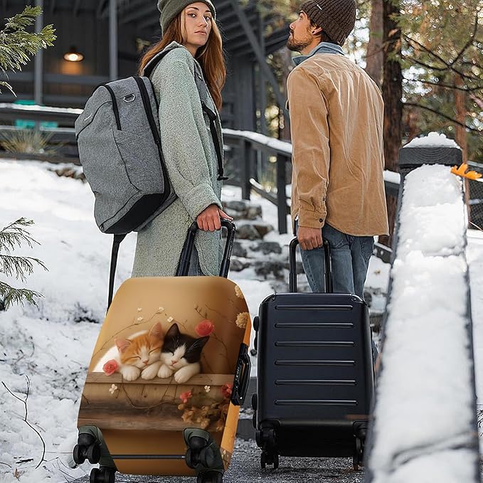 ANNA QUEEN Sleeping Cats Luggage Cover, Adorable Kitten Design with Floral Elements, Stretchable, Washable Travel Sleeve for 24-26 Inch Suitcases