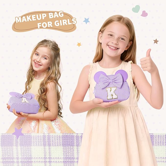 Christmas Gifts for Girls Kids - Birthday Gifts for 3 4 5 6 7 8 9 10 11 Years Old Girl Initial Makeup Bags | Travel Cosmetic Bag | Stocking Stuffers for Girls Teen Daughter Sister Purple A