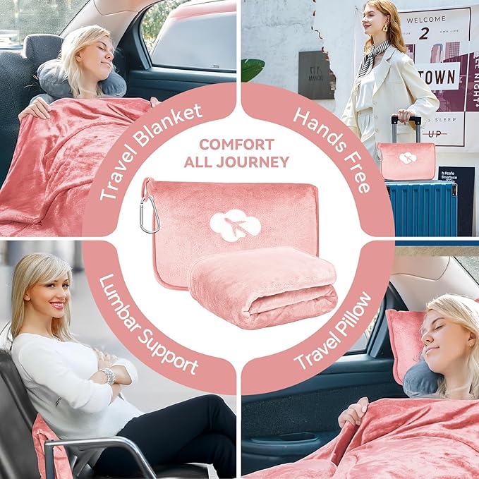 Travel Blanket and Pillow Compact, Premium Soft 2 in 1 Airplane Blanket with Soft Bag Pillowcase,Hand Luggage Sleeve and Backpack Clip (Solid Pink)