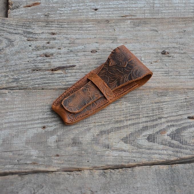 JJNUSA Old Fashioned Sleeve Travel Pouch Leather Safety Razor Case, Double Edge Razor 4.5", Shaving Accessories, Personal Care Essentials, Men's Shaving Razor Flower brown