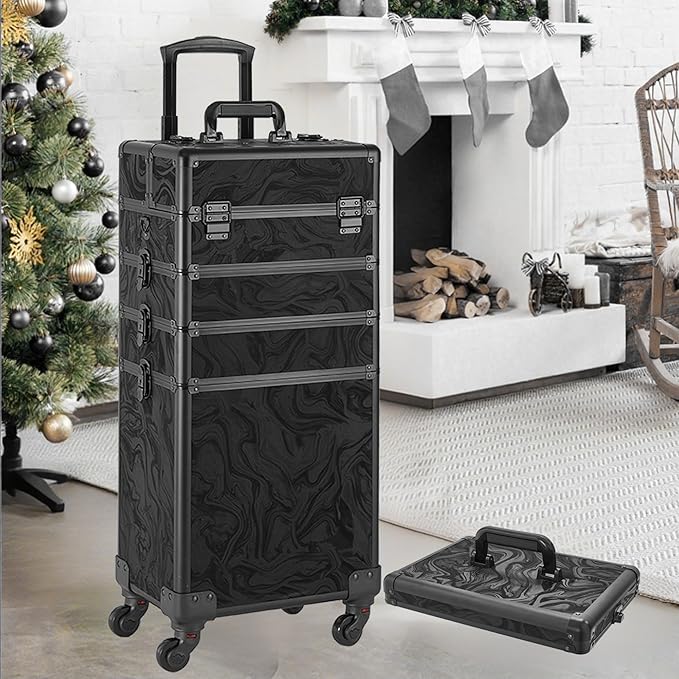 Rolling Makeup Case, Makeup Train Case with Lid, 5 in 1 Cosmetology Case on Wheels, Christmas Gift, Large Makeup Organizers, Profesional Cosmetic Case for Salon Barber, Pattern Black