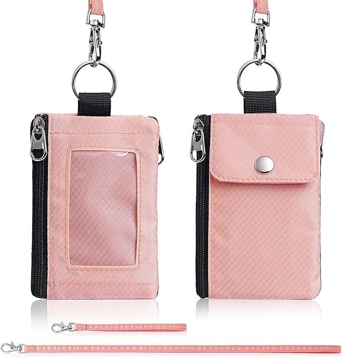 Minimalist Wallet For Mens Womens, Keychain RFID Blocking Zipper Small Wallet with ID Window 2 Lanyards,Water Resistant Travel Cash Card Coin Case Boys Girls