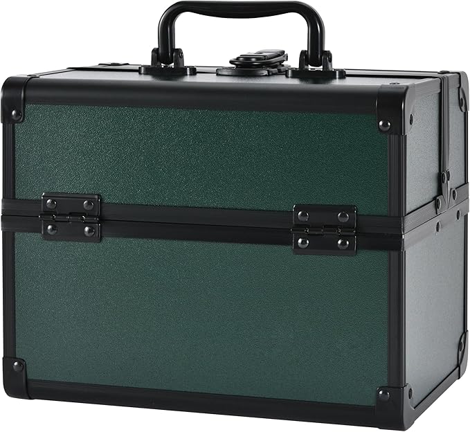 Makeup Train Case, Portable Makeup Case with Mirror, 2-Trays Cosmetic Organizer Case,Nail Polish Organizer, Travel Makeup Box, Profesional for Salon Barber, Green