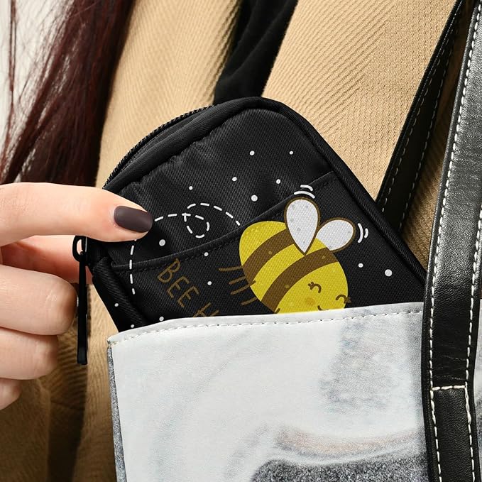 Fustylead Bee Happy Pill Organizer Case Zipper for Purse with Removable Weekly Pill Box for Medicine, Vitamin, Supplement Medicine Organizer