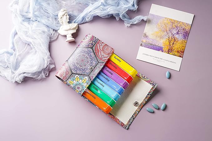 Pill Organizer,LIZIMANDU Weekly Travel Pill Case Box Medication Reminder Daily AM PM, Day Night 7 Compartments,for 4 Times A Day, 7 Days a Week-Includes Leather PU Carrying Case (Hexagon Bohemia)