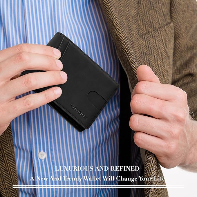 RUNBOX Wallet for Men Slim Rfid Leather 2 ID Window With Gift Box