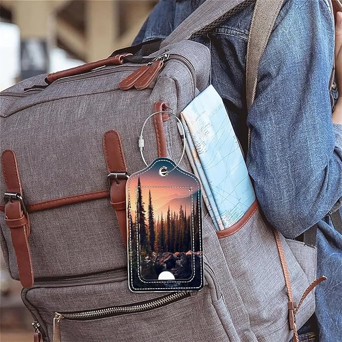 Funny PU Leather Luggage Tags 2-Pack Suitable for Suitcase Stainless Steel Loop and Address Card Essential with Cruise and Airport Travel Mountain Dreams Tree Cute Pattern