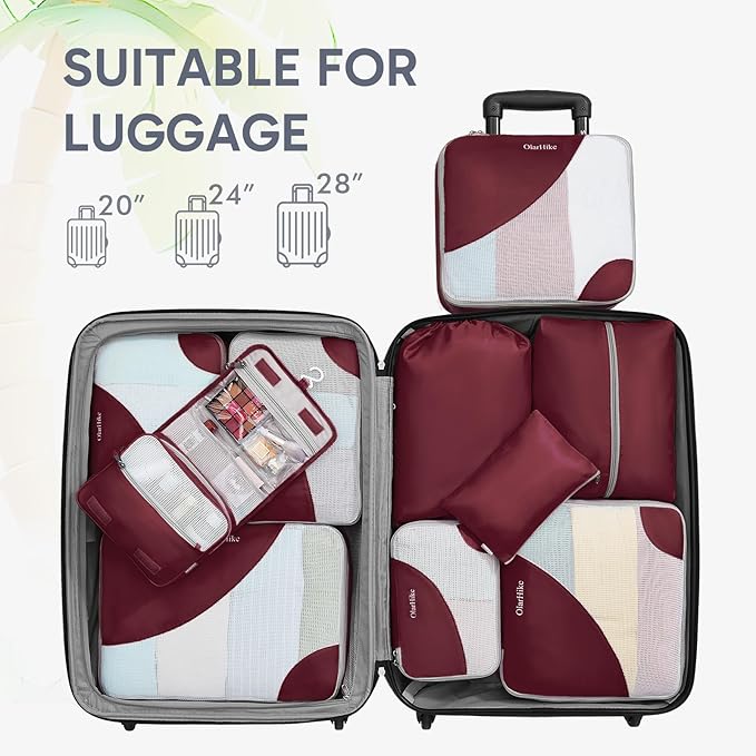 8 Set Packing Cubes for Travel,Gifts for Women Mom at Christmas,AntiTearing Suitcase Organizers for Luggage with Shoe & Hook Toiletry Bag,Vacation Essentials & Accessories for Cruise Ship (Burgundy)