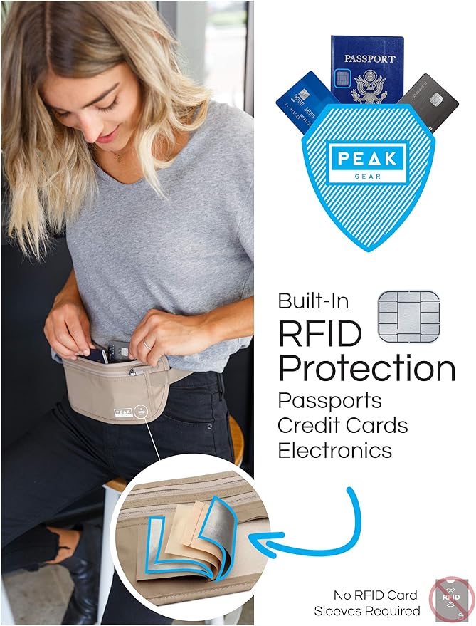 Peak Gear Travel Money Belt. Premium Quality Travel Wallet with RFID Blocking Fabric to Protect Credit Cards, Passports and Documents. Exclusive Theft Protection and 2 Recovery Tags | Gray